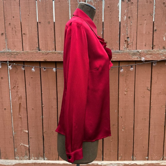 Festive Vintage 90s Deep Red  Silk Ruffle Blouse - Picture 2 of 9